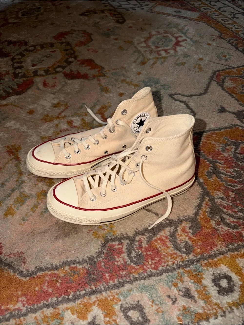 Converse High Top Sneakers in Cream with Red Trim
